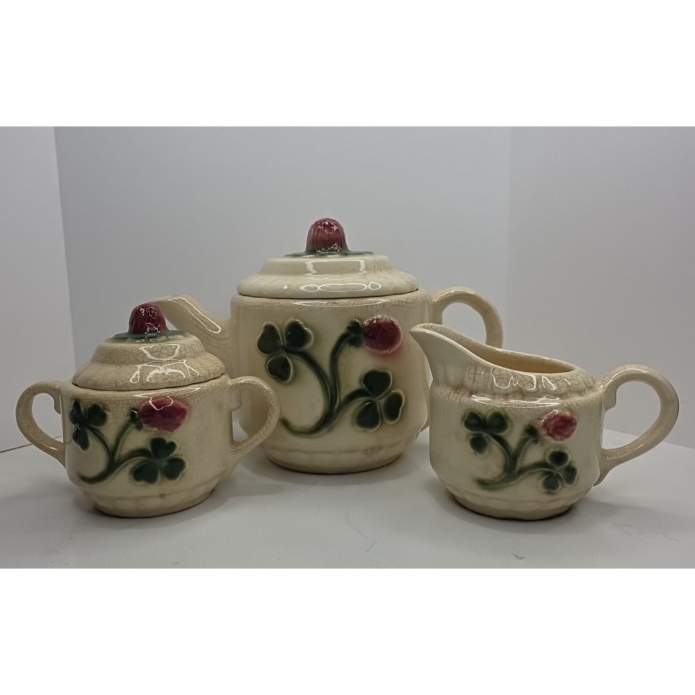 McCoy‎ Pottery 1940's 3 Leaf Green Clover Red Berry Teapot Sugar Bowl & Creamer
